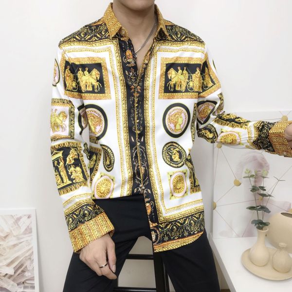 

марка mens medusa мода печатные рубашки повседневный slim fit 2020 роскошная летняя одежда нарядные manches longues hommes гавайская рубашка, White;black