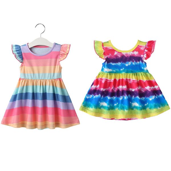 Arco-íris Stripe bebê Girls Dress Crianças Voador luva Ruffle Dress 2020 Verão New Children menina Vestido de Verão Roupa M1480