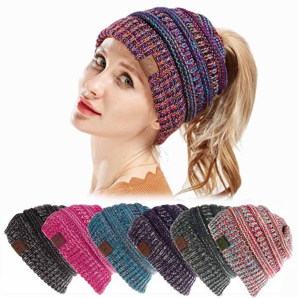 

new cc knitted hat woman beanies hat wool mixed color labeling winter warm ponytail hat jj20053, Blue;gray