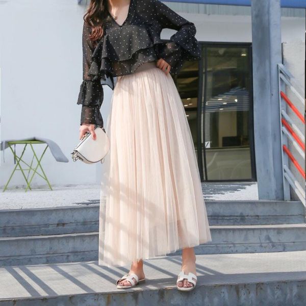 

skirt female summer skirt mesh casual solid lace long section princess pleated a-line fairy, Black