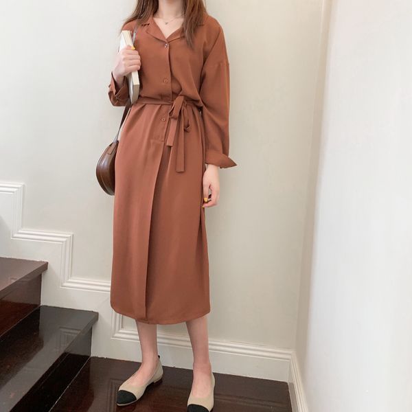 

return to ancient ways languid lazy wind v neck long sleeve is tie-in waist is long paragraph shirt type dress female, Black;gray