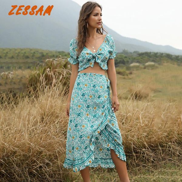 

zessam bow ruffles floral printed bra tank crop 2020 boho women maxi long skirt ruffle camis 2 pieces set, White