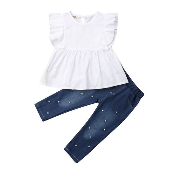 

toddler kids baby girls ruffles sleeveless cotton t-shirt+denim long pants outfits clothes 2-7t, White