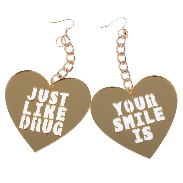 

1 pair large gold heart earrings jewelry women engraved smile letter ear dangle acrylic ear drop 6cm, Golden
