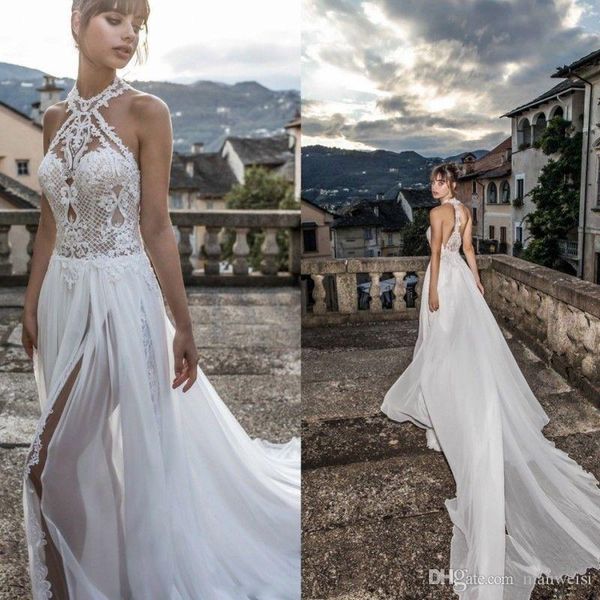 

julie vino 2020 high slits wedding dresses bohemia lace appliqued halter jewel neck bridal gowns chiffon beach wedding dress, White
