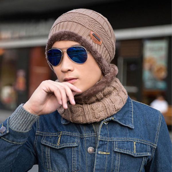 

men knitting wool elastic multifunction ski autumn winter outdoor hat scarf set windproof keep warm two piece soft hiking, Blue;gray