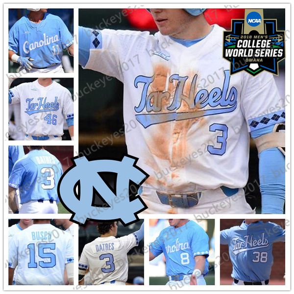 

custom north carolina tar heels 2018 cws college baseball white blue unc stitched any number name #3 kyle datres 15 michael busch jersey, Black