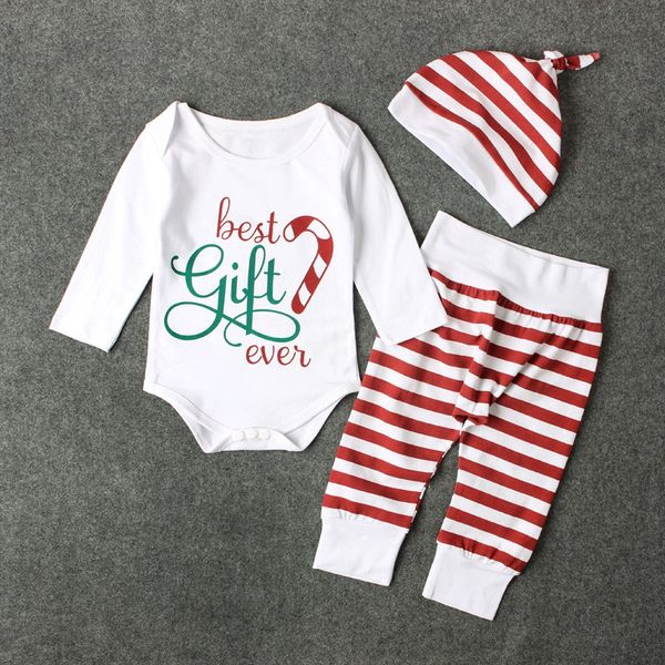 

newborn baby boys girls clotheing christmas letter cartoon red romper stripe long pants clothes outfits winter set, White