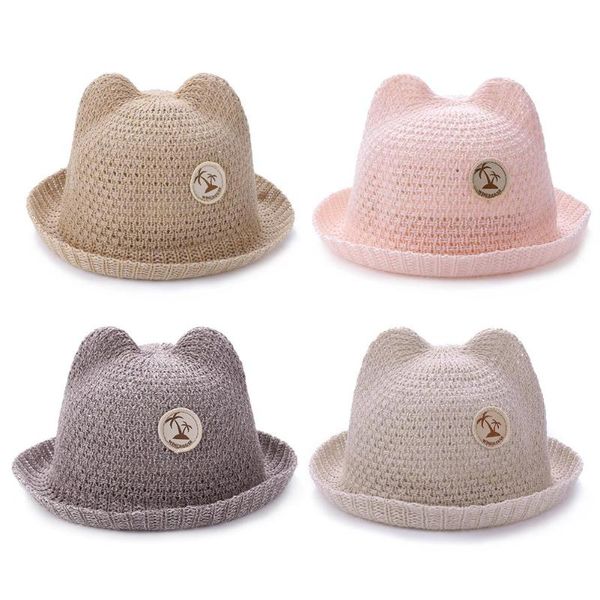 

милый кот уха детские летние соломенные шляпы дышащий пляж ведро шапки солнце cap, Yellow