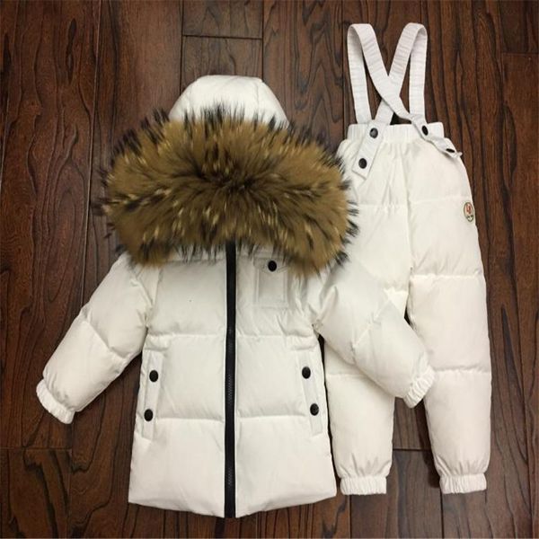 

2018 winter down jacket parka for girls boys russian suits boys girl duck down jacket+overalls 2 pcs clothing set kids snow wear, Blue;gray