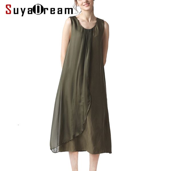 

women long dress 100%real silk solid a-line dresses for women sleeveless mid-calf length dress 2019 summer new silk, Black;gray