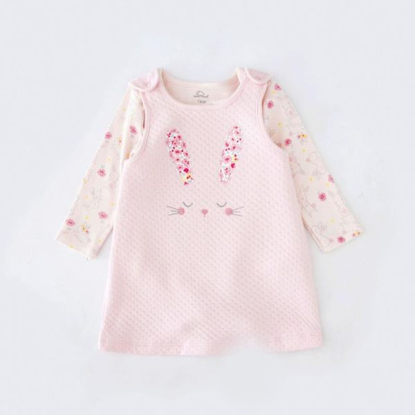 

tender babies baby girl clothing, quilted jacquard pinny dress with embroidery to front and soft printed bodysuit, White