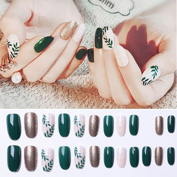

24pcs reusable full cover matte shiny false nail tips for decorated stiletto design press on nails art fake extension tip, Red;gold