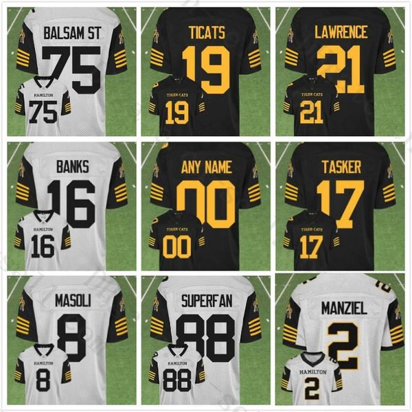 Camisas de futebol 2019 Novo estilo #2 Johnny Manziel #16 Banks Hamilton Tiger Cats Camisas personalizadas Qualquer nome Qualquer número Branco Preto