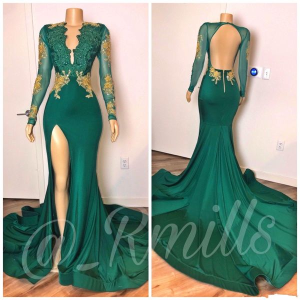 Verde oliva Prom Dresses 2020 Gold Lace Beads V Backless Partido Neck Vestidos manga comprida abendkleider vestidos