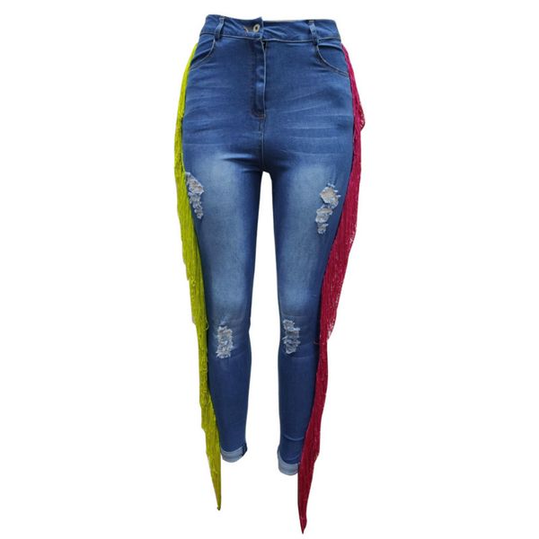 

women's pants designer broken hole fashion tassel nine points jeans stretch women autumn pants size s-2xl wholesale, Blue