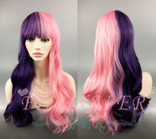Long Pink Purple Mixed Curly Wavey Fringe Hair Wig Women