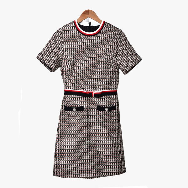 2019 осень зима с коротким рукавом круглые шеи плед принт Tweed панель лук кнопки короткие мини-платья женщины модные платья D2616009