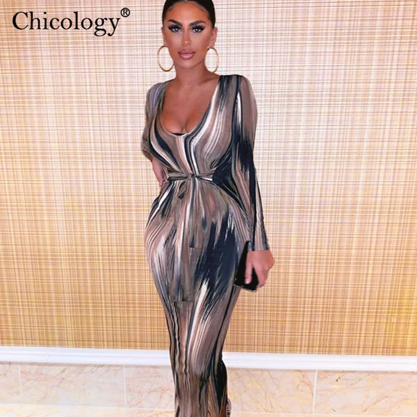 

chicology tie dye wave print lace up midi dress women long sleeve 2019 autumn winter women party club bodycon lady clothes, Black;gray