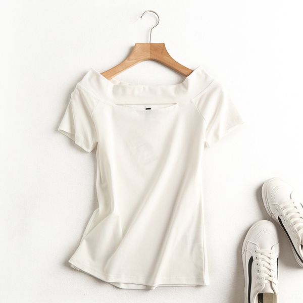 

women's square t-shirt collar t-shirt simple slim slim duan xiu comfortable commuting female, White