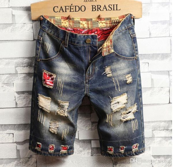 

unique mens ripped denim shorts vintage fashion designer washed knee length jeans 2019 scratched hip hop short pants trousers 782, Blue
