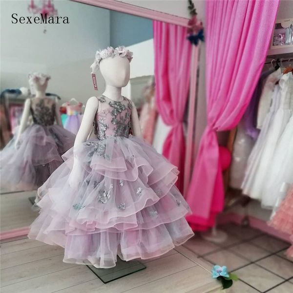 

real picture puffy flower girl dress for wedding handmade flowers applique lace kids clothes girls birthday party gown, Red;yellow