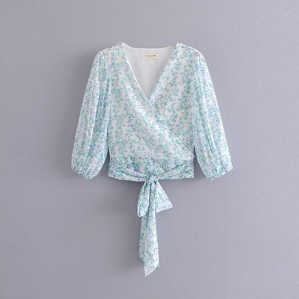 

2019 fashion summer floral print bow lace-up short blouse women casual 3/4 sleeve v neck shirt white female blusas c811