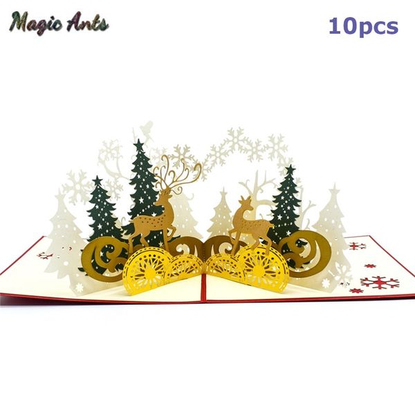 

10 pack merry christmas cards animals forest up cards with envelope sticker laser cut new year greeting gifts handmade