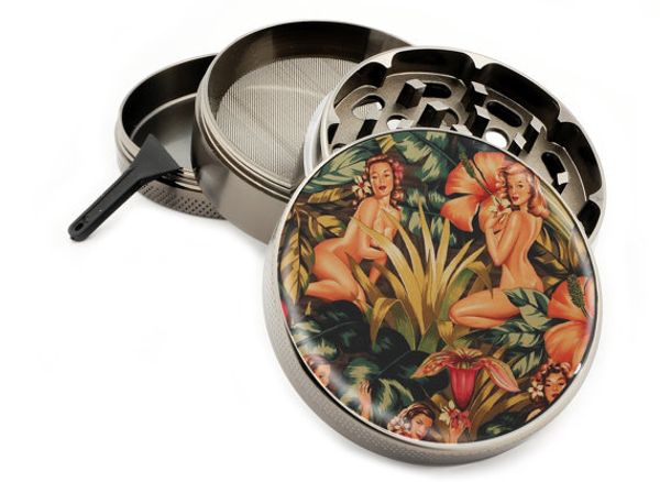 

Jungle girl herb grinder 4 piece premium quality large zinc titanium metal grinder 2 2 quot wide pin up girl de ign