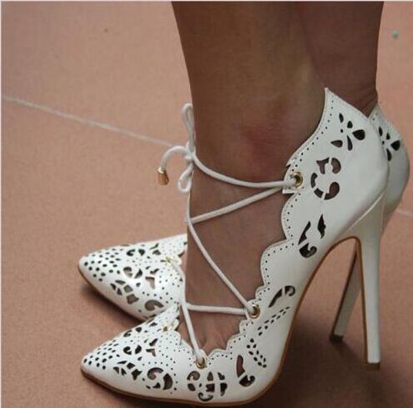 

lucky2019 shoes women laser cut out heels gladiator lace up stilettos gold white factory price, Black
