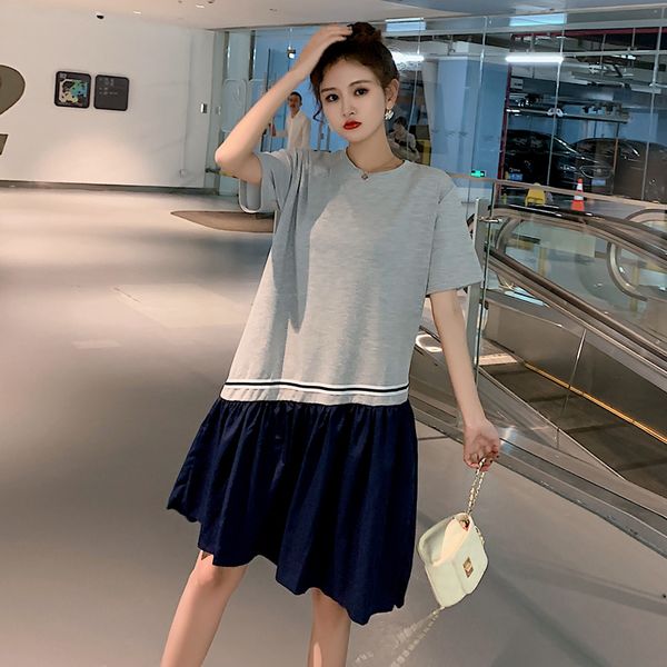 

0960# maternity clothes summer patchwork cotton short sleeve loose stylish dress for pregnant women pregnancy clothes, White