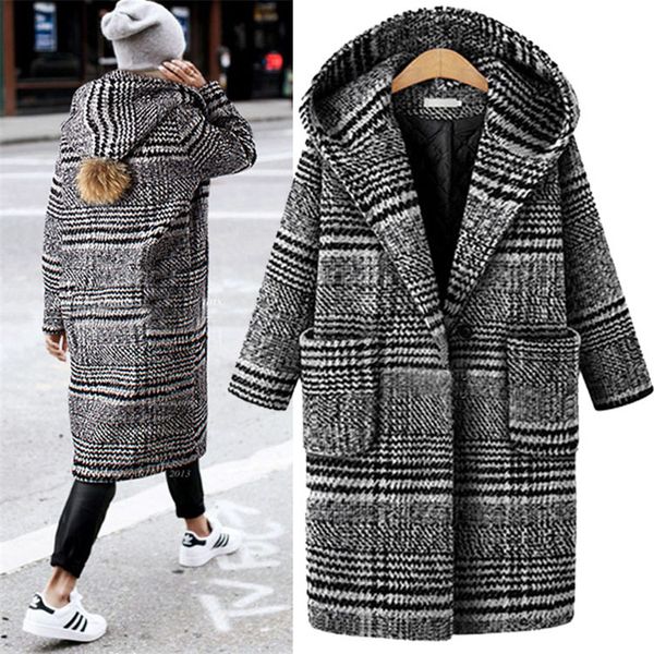 

dames jassen winter thicken plaid woolen coat women plus size loose hooded long wool coat winterjas dames jas pied de poule, Black