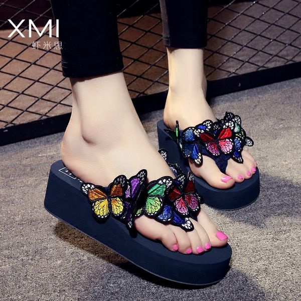 

2017 new designer platform sandals women brand butterfly flip flops korean handmade butterfly wedges shoes woman big size s15, Black