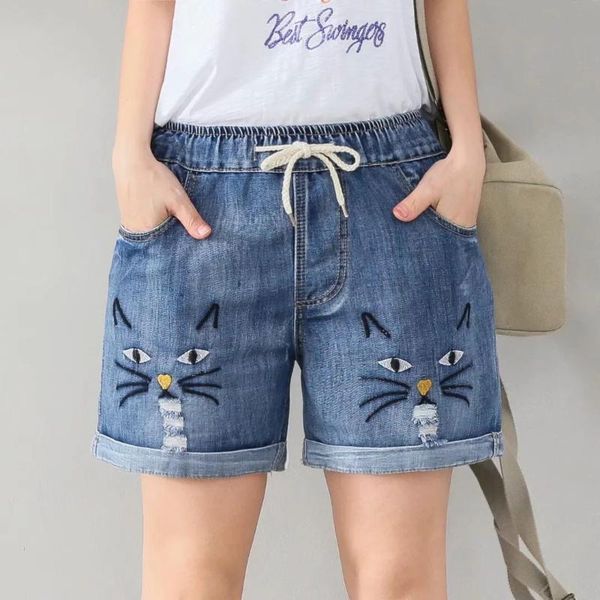 

plus size high waist ripped denim shorts women summer casual art cartoon embroidery cotton femme short distressed jeans pants, Blue
