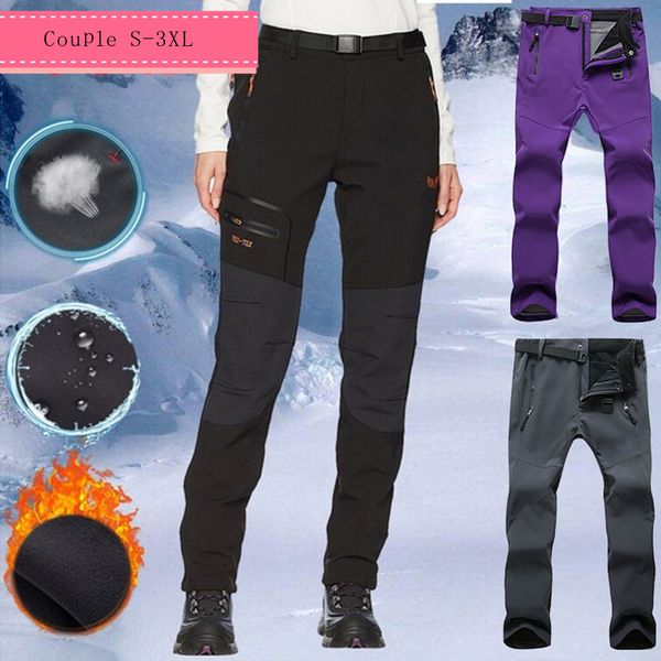 

men women outdoor sports fleece winter softshell camping hiking pants waterproof windproof thermal male trousers, Black;green