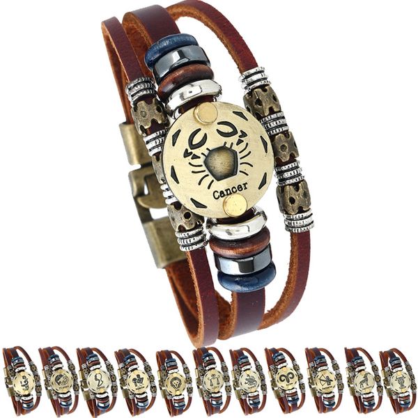 

12 Zodiac Sign Horoscope Men's Leather Bracelet Vintage Retro Charm Wristband For women Fashion Jewelry Gifts