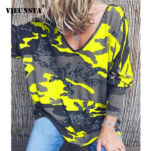 

vieunsta 2019 womens clothing plus size v-neck print blouse shirt women long sleeve autumn blusa casual loose streetwear 5xl, White