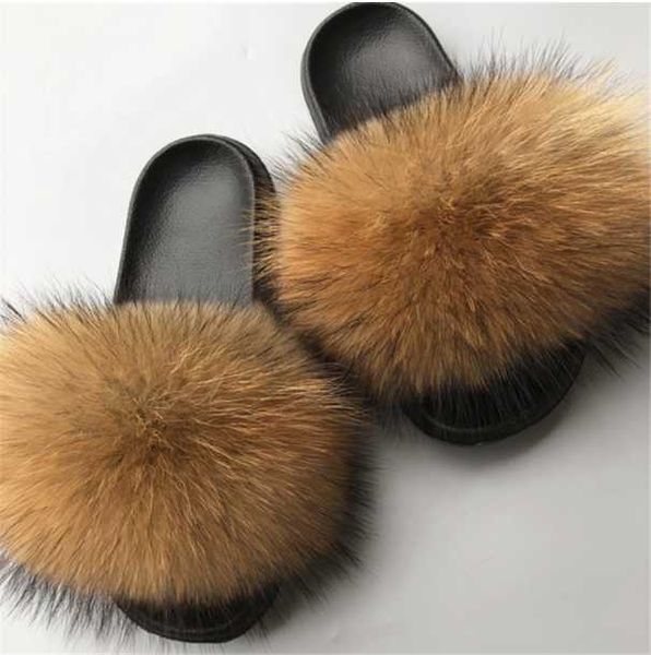 

women's winter plush home shoes fluffy real hair slippers woman fur slides female flip flops ladies fur sandals size 36-45, Black