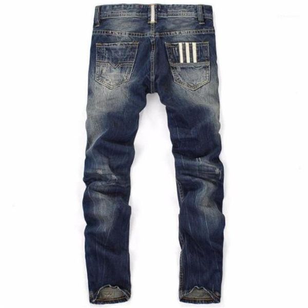 

straight ripped mens designer jeans striped print regular long pants mid waist holes mens trousers male clothing, Blue