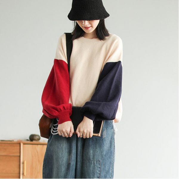 

sweater female autumn new long-sleeved pullover loose women's literary sweater 2019 99053, White;black