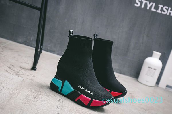 

sock boots woman hided wedge platform female casual shoes 2019 utumn new wedge lady knitting short nkle boots platform c23, Black