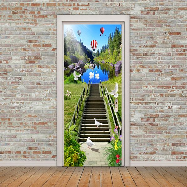 

3d self-adhesive door stickers mural decals home decor stone/wood ladder style