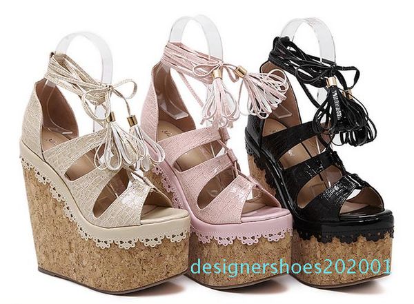 

size 34 to 40 lena vivi beige lace up cross strap platform wedge heel sandals super high 16cm pink black 2017 d01