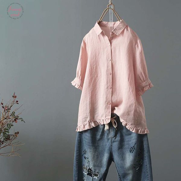 

втулка крышки 2019 plus размер летних женщины причинного твердый с коротким рукавом хлопок лен elegant работу ol ruffled сыпучей блузка руба, White