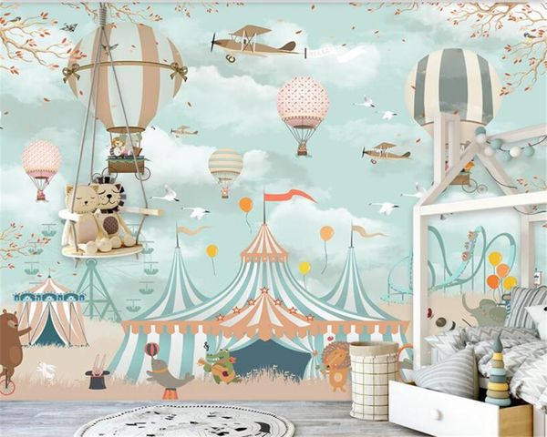 

large 3d wallpaper cartoon air balloon airplane animal pup circus playground background wall 3d wallpaper mural