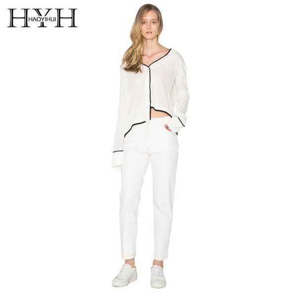 

hyh haoyihui contrast perspective v-neck asymmetrical hem sweater girls pure color white new thin irregular