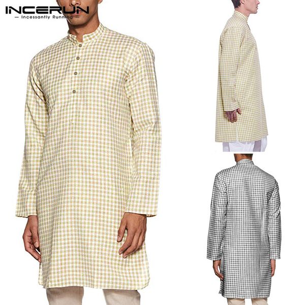 

men's casual shirts men plaid shirt clothes vintage long sleeve stand collar muslim streetwear plus size, White;black