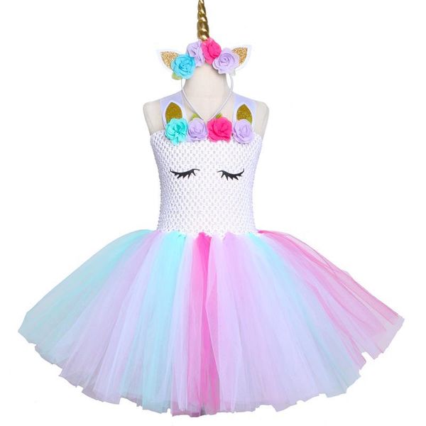

new european and american unicorn children's dresses girls' festival costumes children's princess skirts netted fluffy girls, Red;yellow