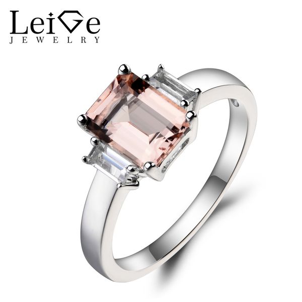 

leige jewelry natural pink morganite ring engagement ring emerald cut pink gemstone 925 sterling silver romantic gifts, Golden;silver