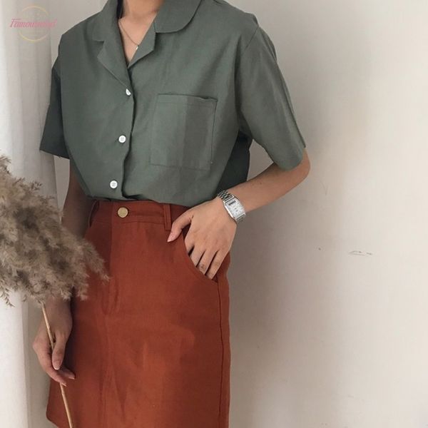 

women summer solid color shirt short sleeve suit collar small lapel shirt loose casual blouse, White